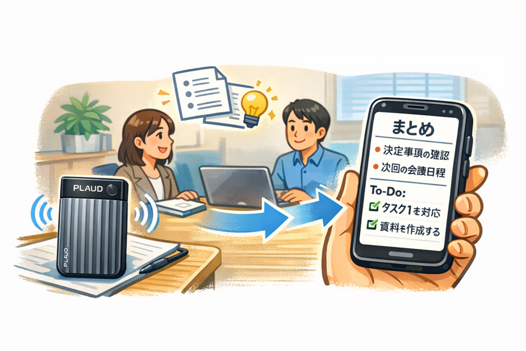 Plaudの録音データがAIで文字起こし・要約される流れのイメージ