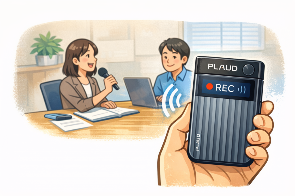 会議でPlaud Noteを使って録音し議事録を作るイメージ
